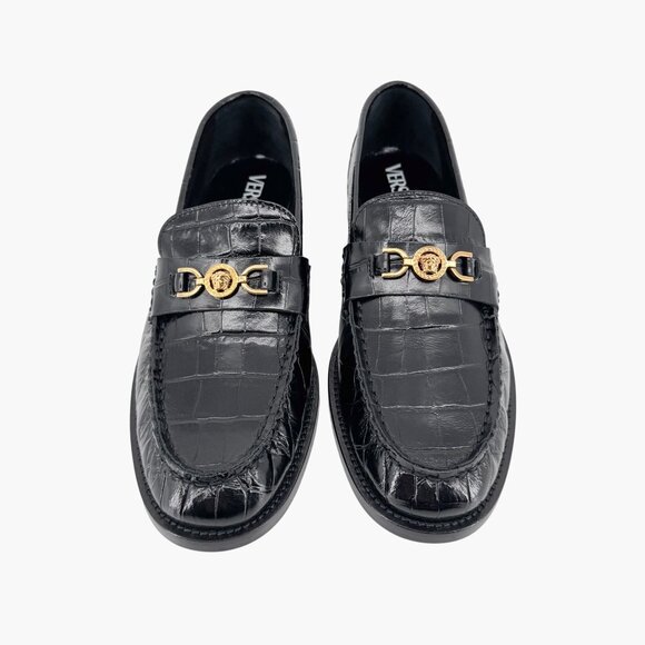 Versace Croc Embossed Medusa '95 Loafers Size 39.5 US 9.5 Black Leather Flat - Picture 2 of 15